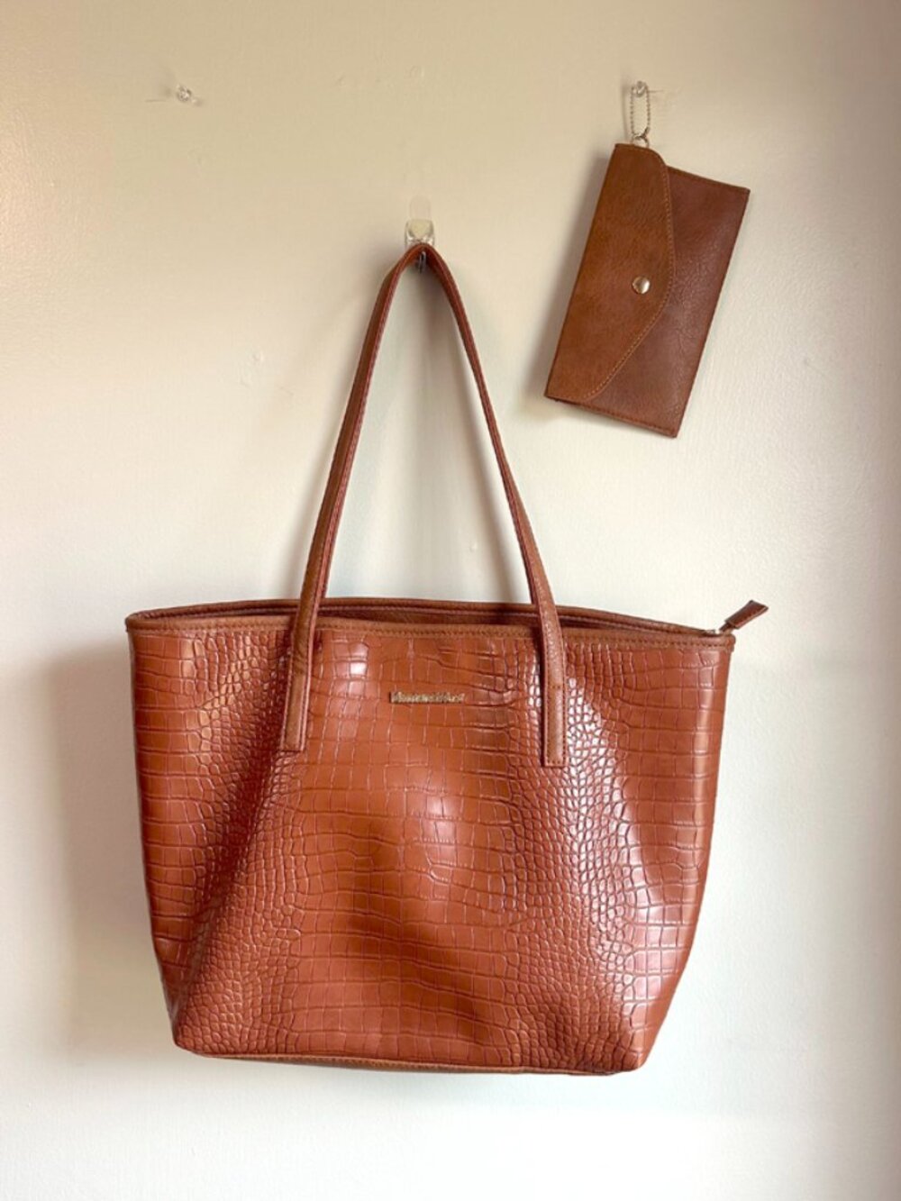 Montana West Croc Embossed Brown Leather Tote & Matching Pouch